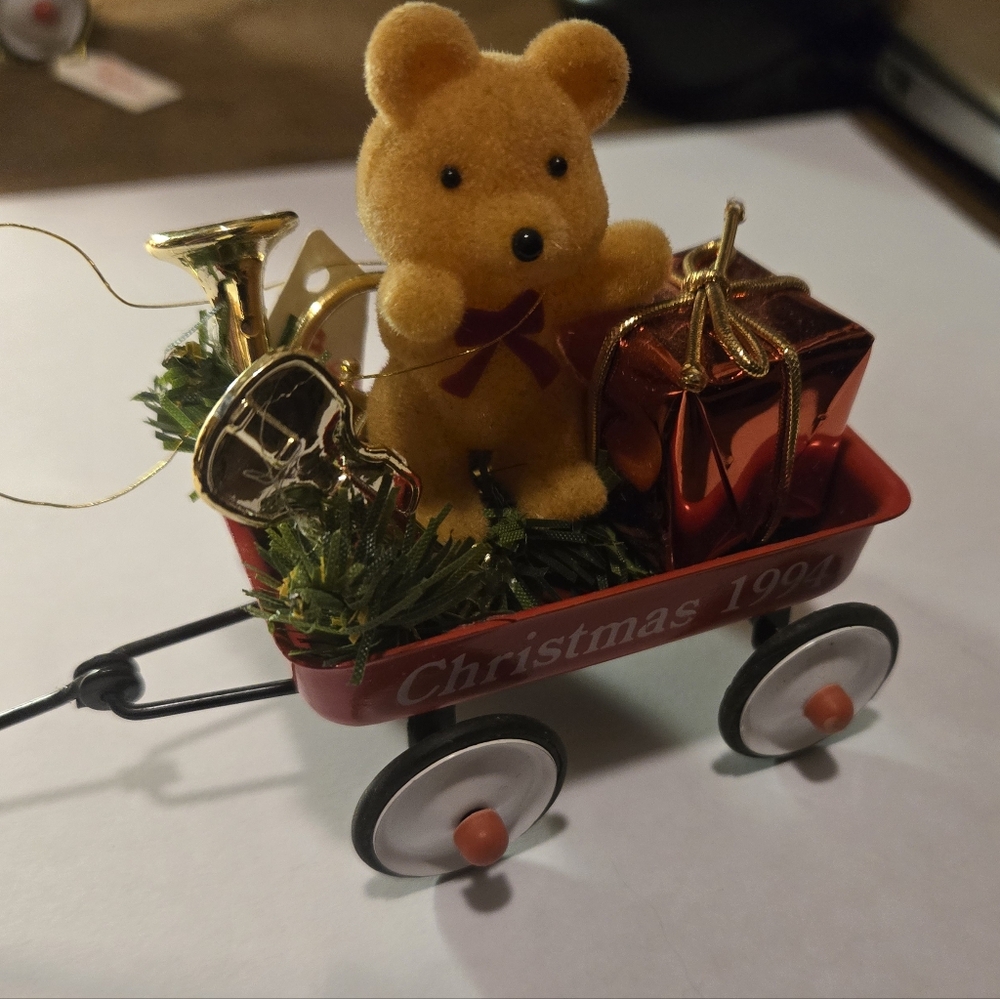 Figi's 1994 Teddy Bear French Horn Red Wagon Vintage Christmas Figurine Ornament